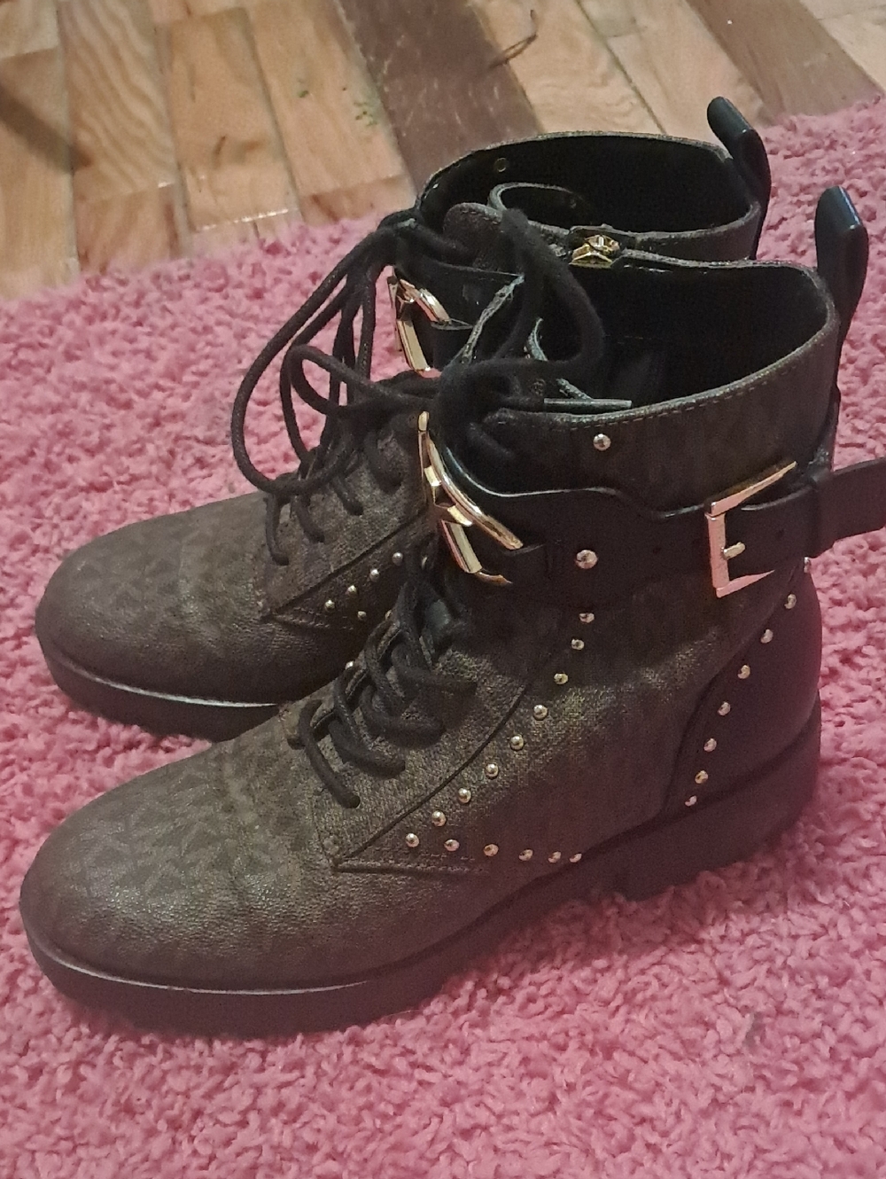 Women's Black Studded Lace-Up Combat Boots with Buckle Strap